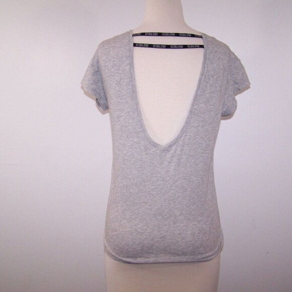 Victoria Sport Tee Shirt Top XS Strappy Low Cut Back Gray Short Sleeves Stretch - Picture 7 of 8